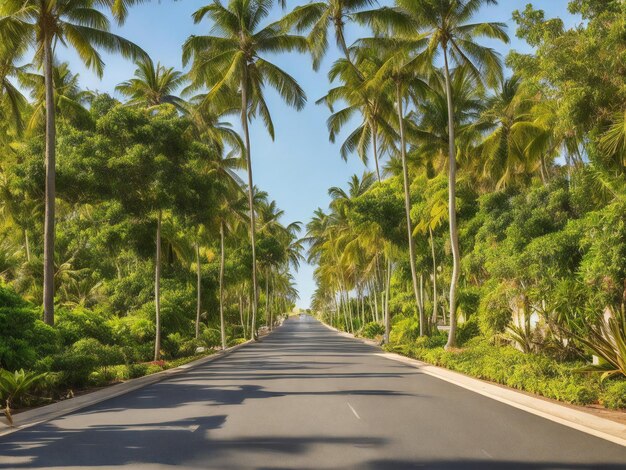 Foto un camino bordeado de palmeras y arbustos