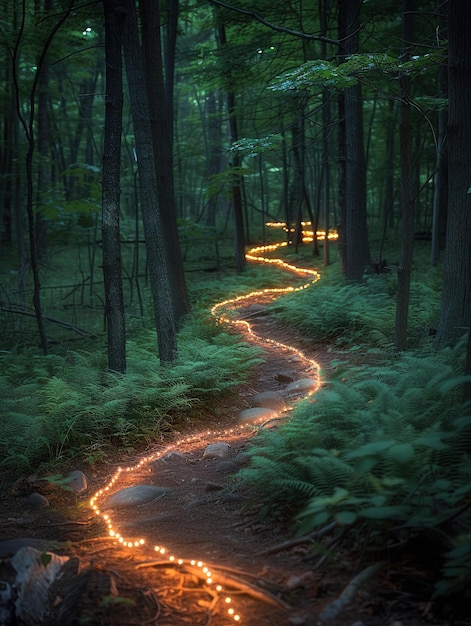 Foto camino del bosque al anochecer iluminado por luciérnagas sus senderos de luz crean un ambiente mágico a través de los árboles