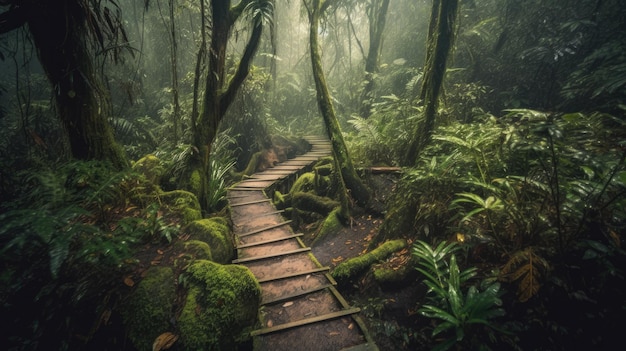 Un camino en el bosque con un árbol al fondo