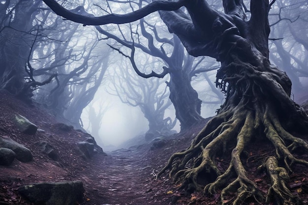 Un camino en el bosque con un árbol al fondo.