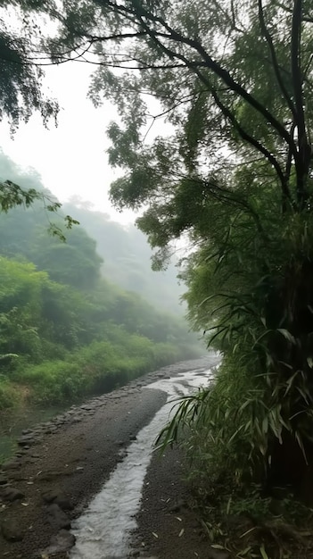 Un camino en el bosque con árboles y niebla.