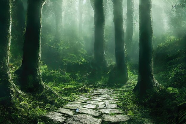 Un camino en un bosque con árboles verdes y niebla.