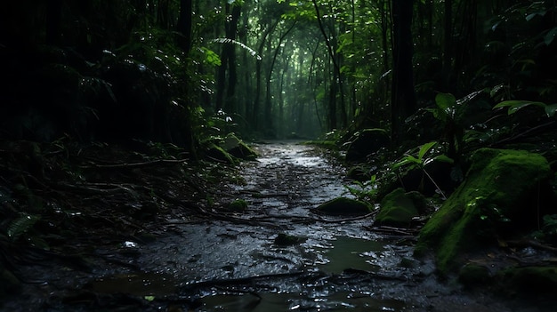 Un camino en el bosque con un arroyo que lo atraviesa.