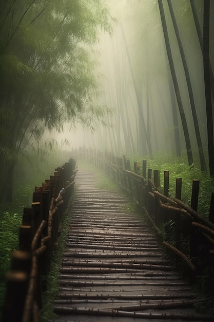 Un camino en el bosque de bambú en un día lluvioso