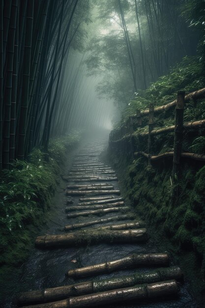 Un camino en el bosque de bambú en un día lluvioso