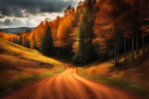 en el camino en el bosque en el bosque colorido paisaje de otoño con árboles y montañas