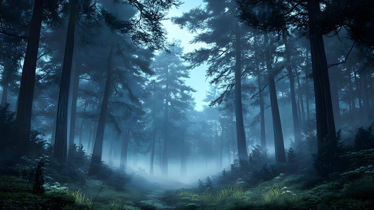 Un camino de bosque brumoso con árboles altos y un tono azul