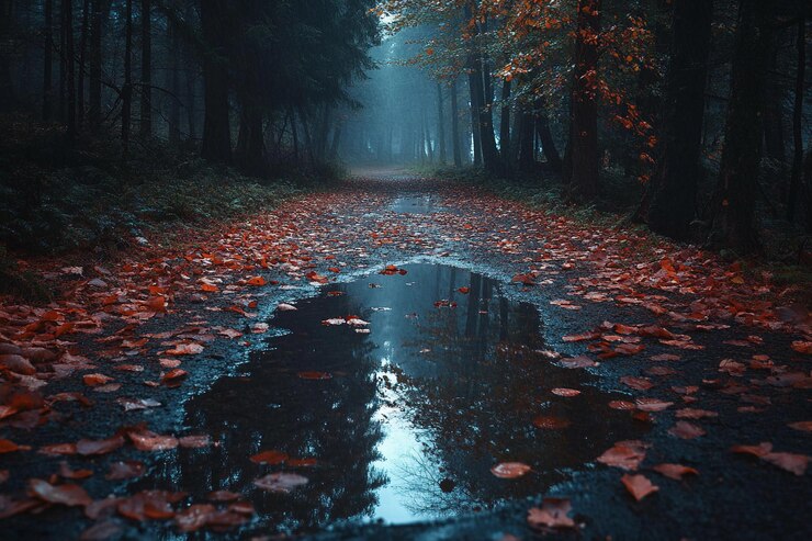 Camino de bosque brumoso con hojas coloridas y reflejos en charcos al crepúsculo IA generativa