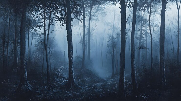 Un camino de bosque brumoso a través de árboles densos