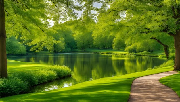 Foto un camino en el bosque con un camino que conduce a un lago