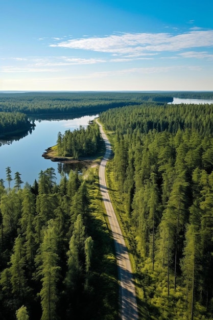 Foto un camino en el bosque con un camino que tiene un lago en el fondo