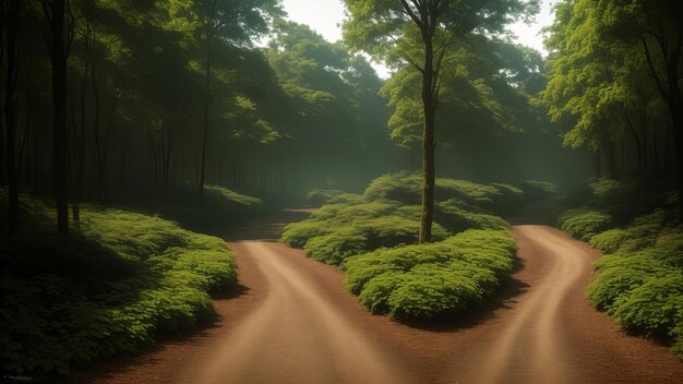 un camino en el bosque con un camino de tierra en el fondo.