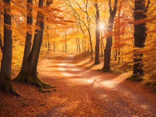 Un camino en un bosque cubierto de hojas Escena de otoño