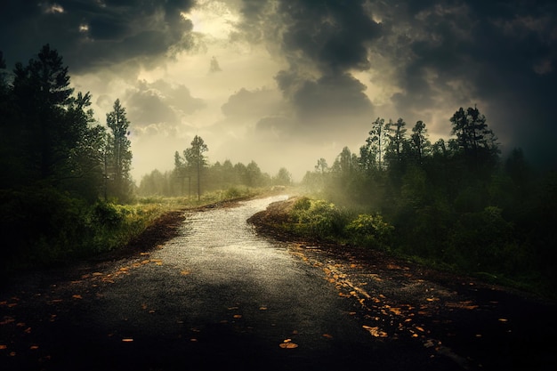 camino en el bosque después de la lluvia, nubes en el cielo