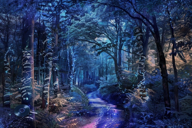 Camino del bosque encantado al crepúsculo