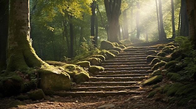 un camino en el bosque con escalones de piedra en el fondo