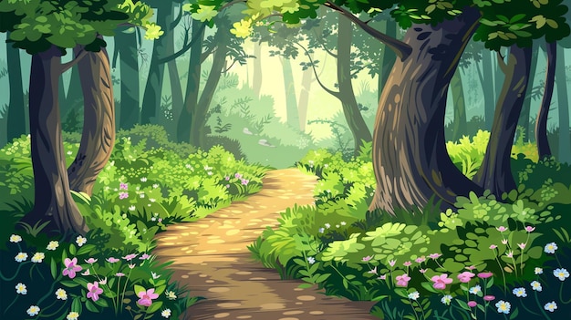Camino del bosque en estilo de dibujos animados vectoriales que conduce a un tesoro escondido