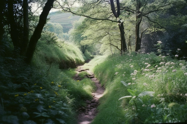 Un camino por el bosque con flores y árboles.