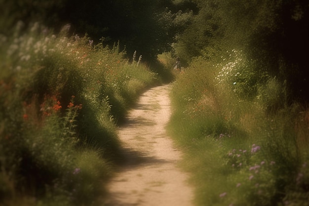 Un camino por el bosque con flores silvestres