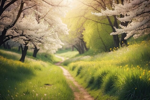 un camino en el bosque con flores