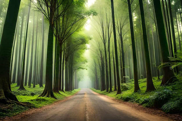 Un camino en el bosque con un fondo de niebla ligera