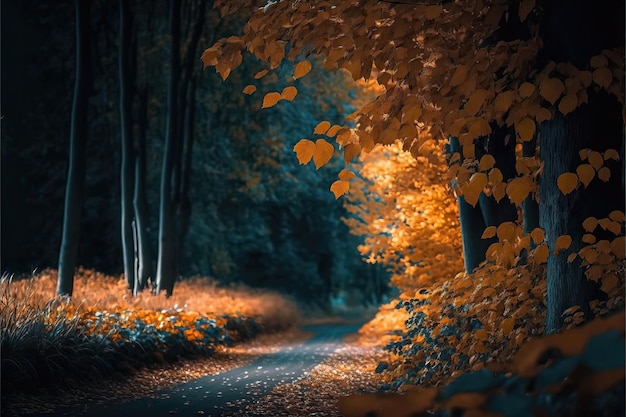 Un camino en el bosque con hojas amarillas en el suelo.