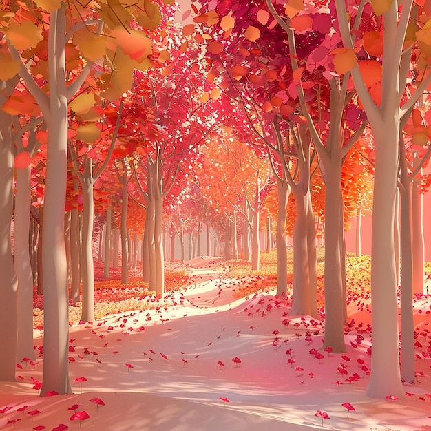 un camino en un bosque con hojas de árbol rosa y naranja