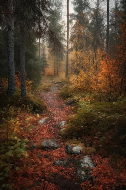 Un camino en el bosque con hojas de naranja.