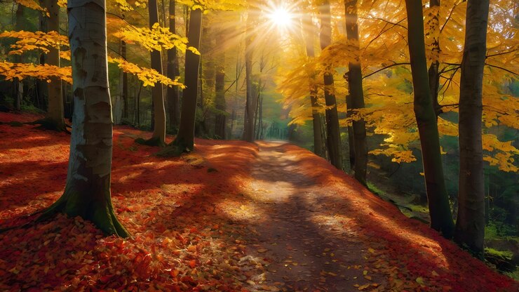 un camino del bosque con hojas de otoño y un camino en el fondo
