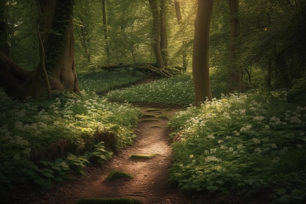 Un camino en un bosque con hojas verdes y flores.