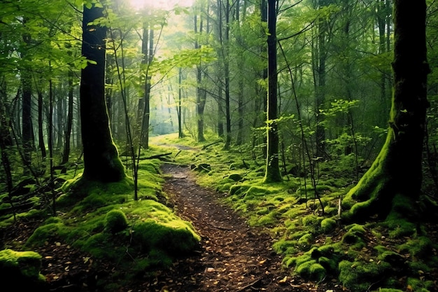 Un camino en el bosque con hojas verdes y el sol brillando a través de los árboles.