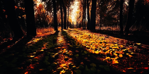 Un camino en el bosque con hojas