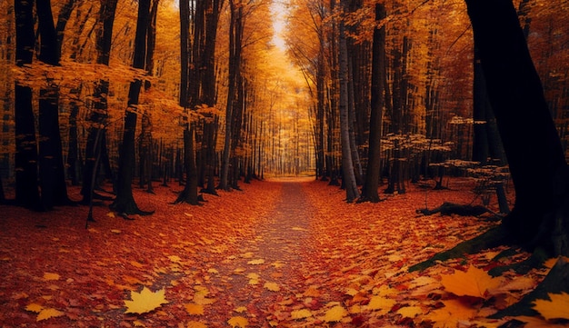 Un camino en un bosque con hojas