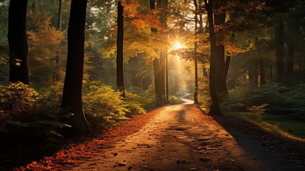 Camino del bosque iluminado por el sol con hojas de otoño