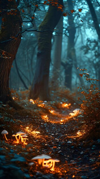 un camino en el bosque con luces brillantes