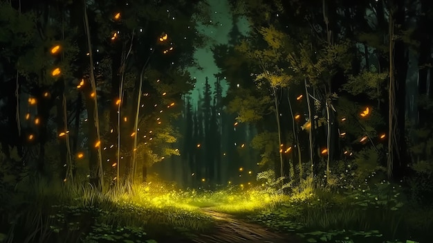 Un camino en el bosque con luciérnagas
