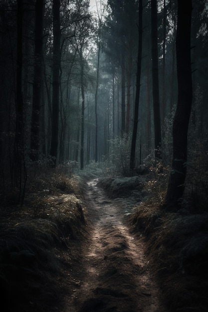 Un camino en el bosque con la luna detrás