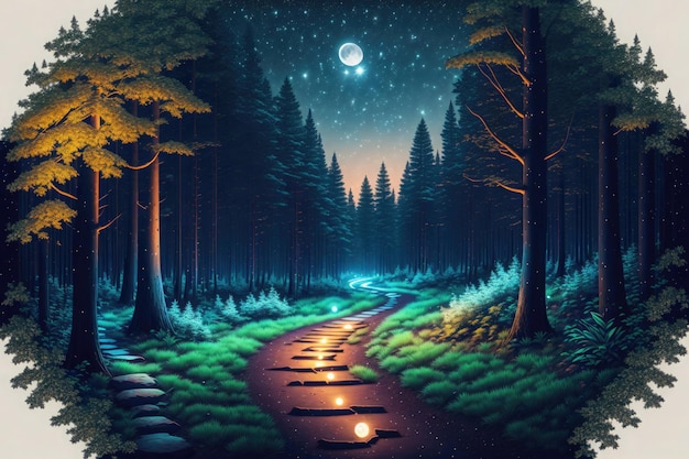 un camino en el bosque con luna llena en el fondo por la noche con árboles y arbustos