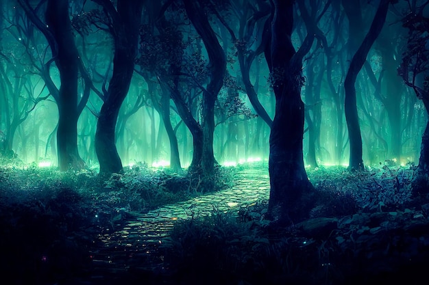 Camino de bosque mágico con luciérnagas brillantes Bosque de fantasía mágica nocturna Paisaje forestal