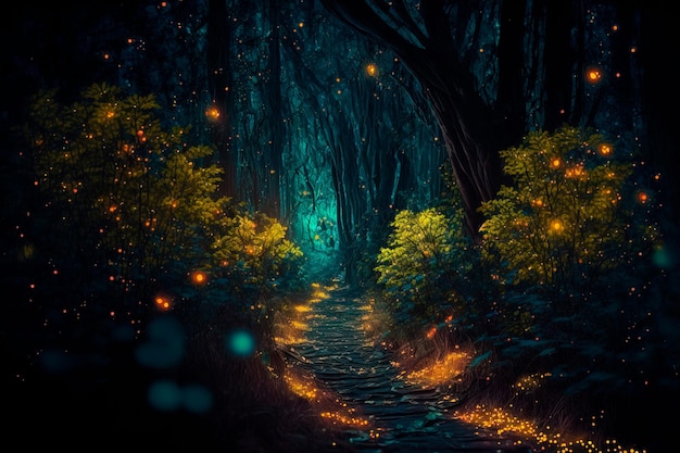 Camino de bosque mágico con luciérnagas brillantes Bosque de fantasía mágica nocturna Paisaje forestal