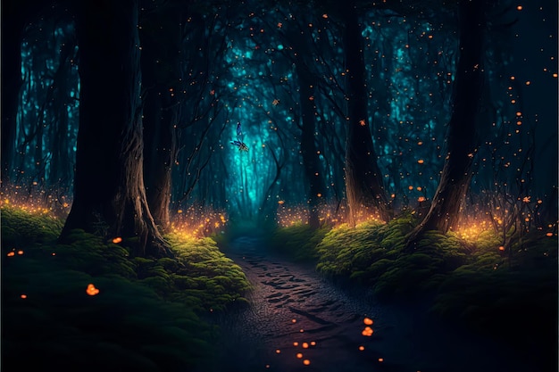 Foto camino de bosque mágico con luciérnagas brillantes bosque de fantasía mágica nocturna paisaje forestal