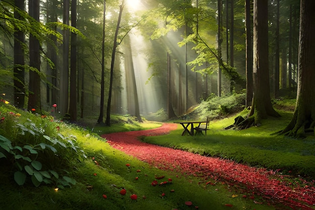 Un camino en un bosque con una mesa de picnic y flores rojas.