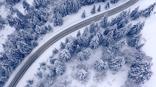 Camino en el bosque de montaña de invierno. Vista de drones.