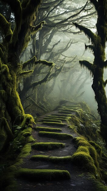 un camino en el bosque con musgo en las rocas