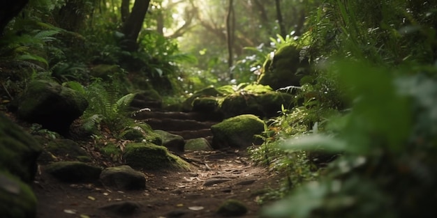 Un camino en el bosque con musgo y rocas.