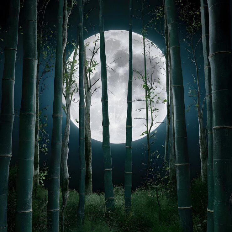 Un camino de bosque nebuloso alineado con árboles de ciruela de bambú desnudos y hojas esparcidas con luna llena