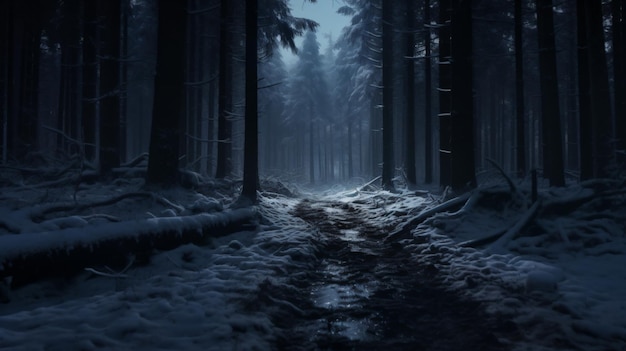 un camino en un bosque nevado con un cielo oscuro