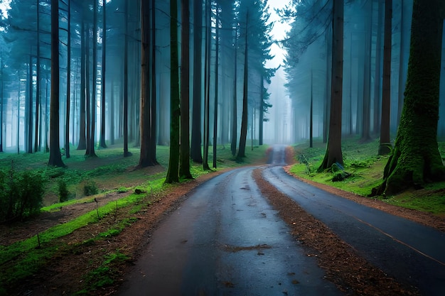 Un camino en el bosque con niebla y árboles.