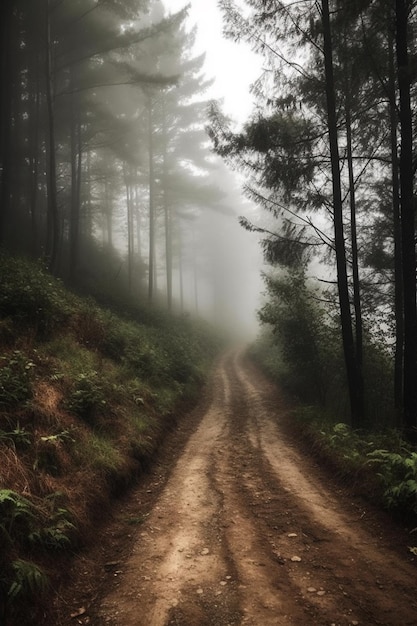 Un camino en el bosque con niebla y árboles.