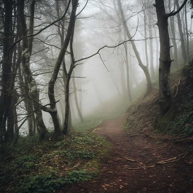 Un camino en el bosque con niebla y árboles.